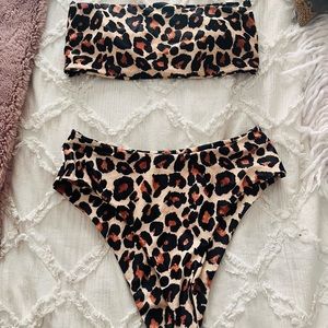 Cheetah print high waisted bandeau bathing suit